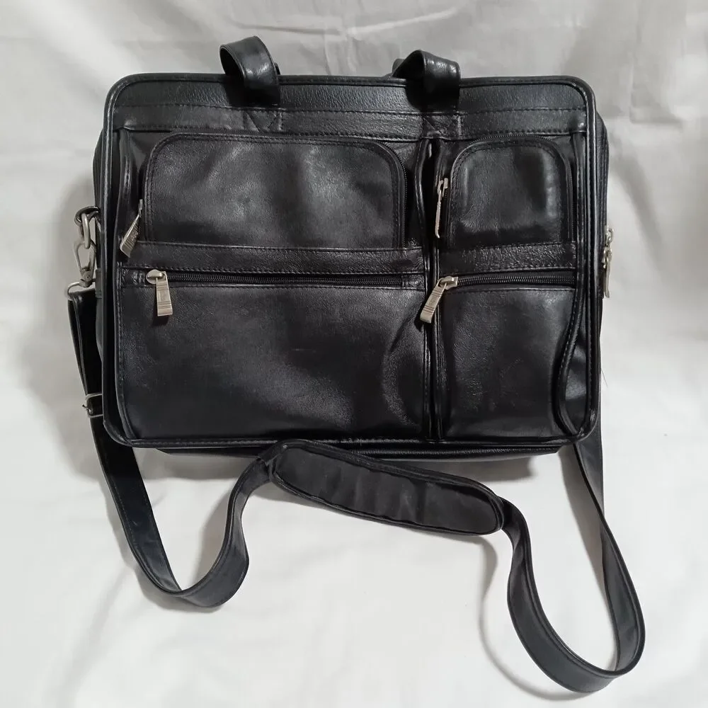 McKlein Black Leather Laptop Briefcase Dual Expandable 16 x 13 x 5 Inch Shoulder